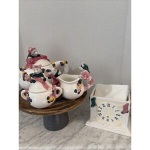 Cat Mouse Applause Inc 5 Pc Set Tea Pot Creamer Napkin Holder‎ Lids Clock Pink